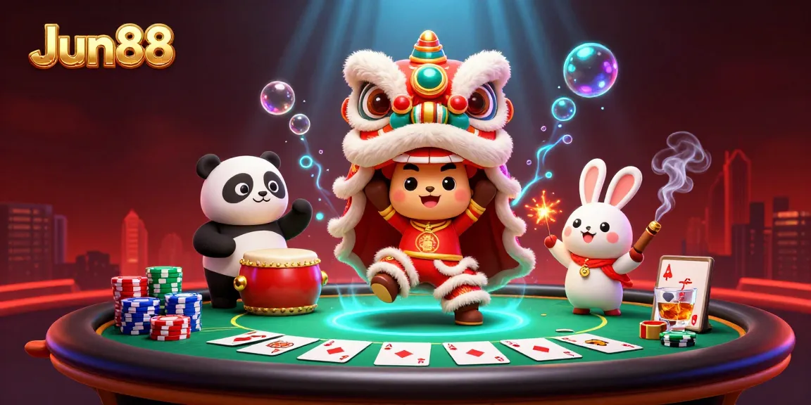 Engage with JJun88's exciting lion dance performance, surrounded by vibrant casino elements.