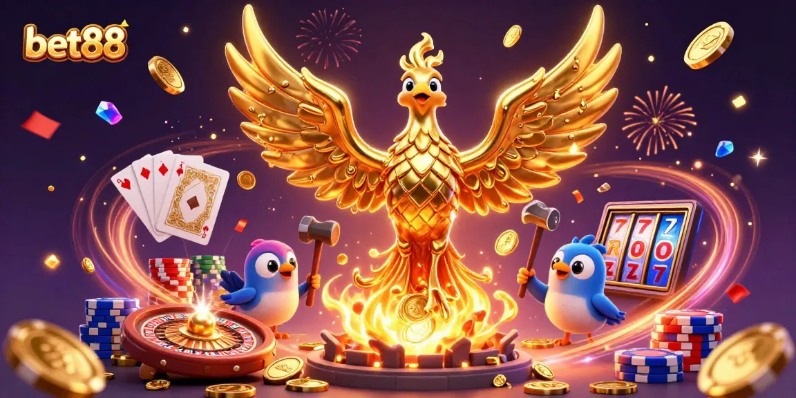 Bet88's thrilling casino experience featuring a phoenix creating golden coins among dynamic gaming elements.