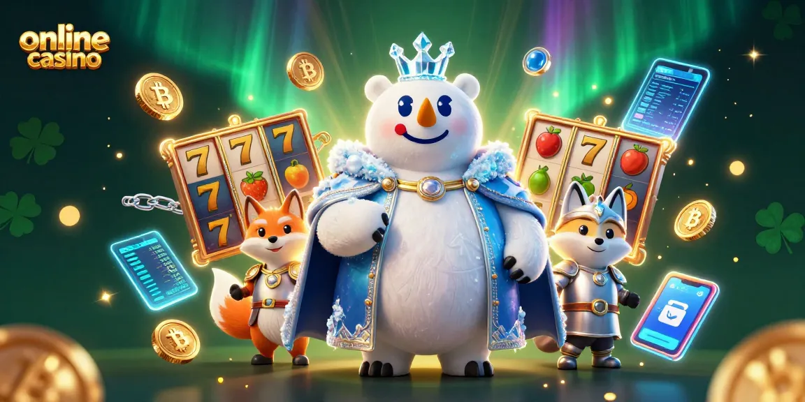 Engage at an online casino with a polar bear and fox surrounded by vibrant slot reels and crypto elements.